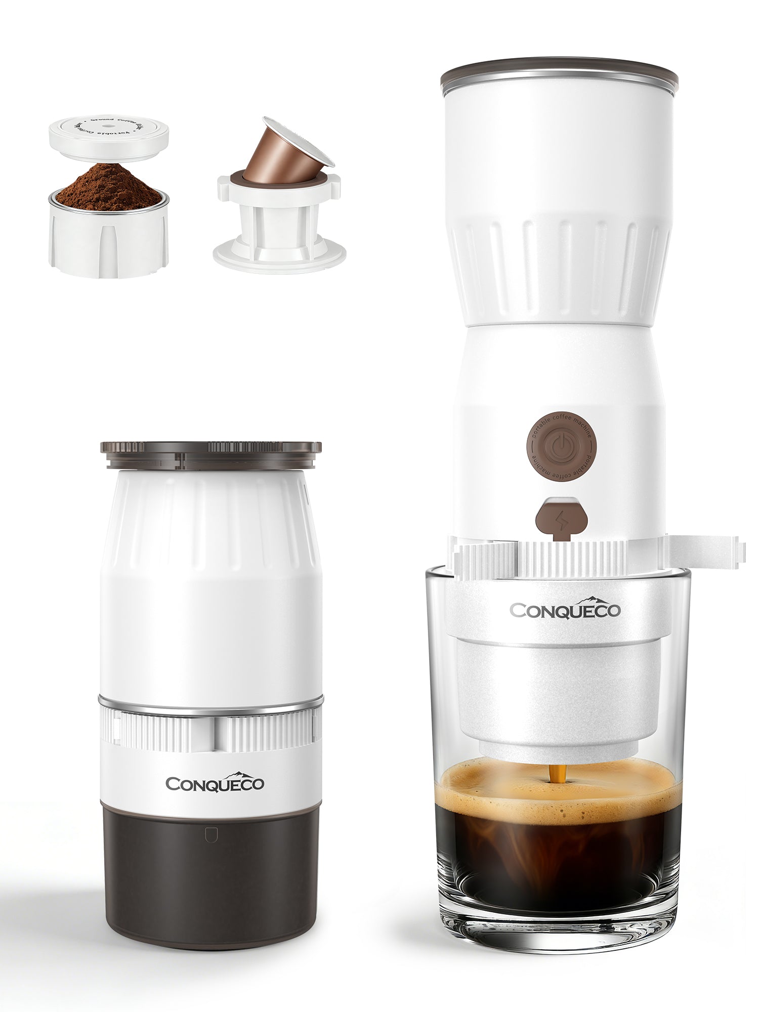 Portable Handheld Electric Espresso Maker for Capsule & Ground Coffee in white, demonstrating compact design and brewing process.