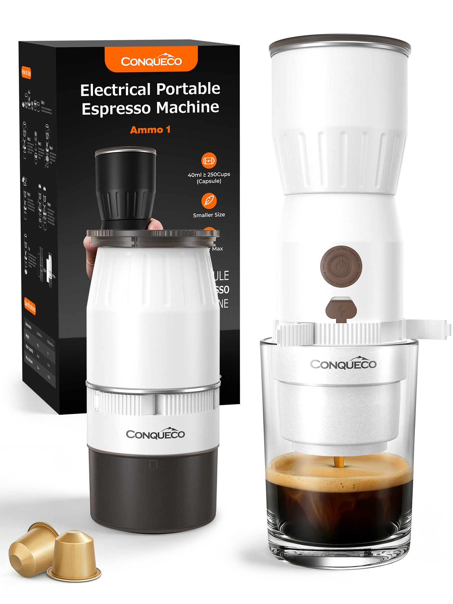 Portable Handheld Electric Espresso Maker for Capsule & Ground Coffee- PCM030 White with espresso cup and coffee capsules
