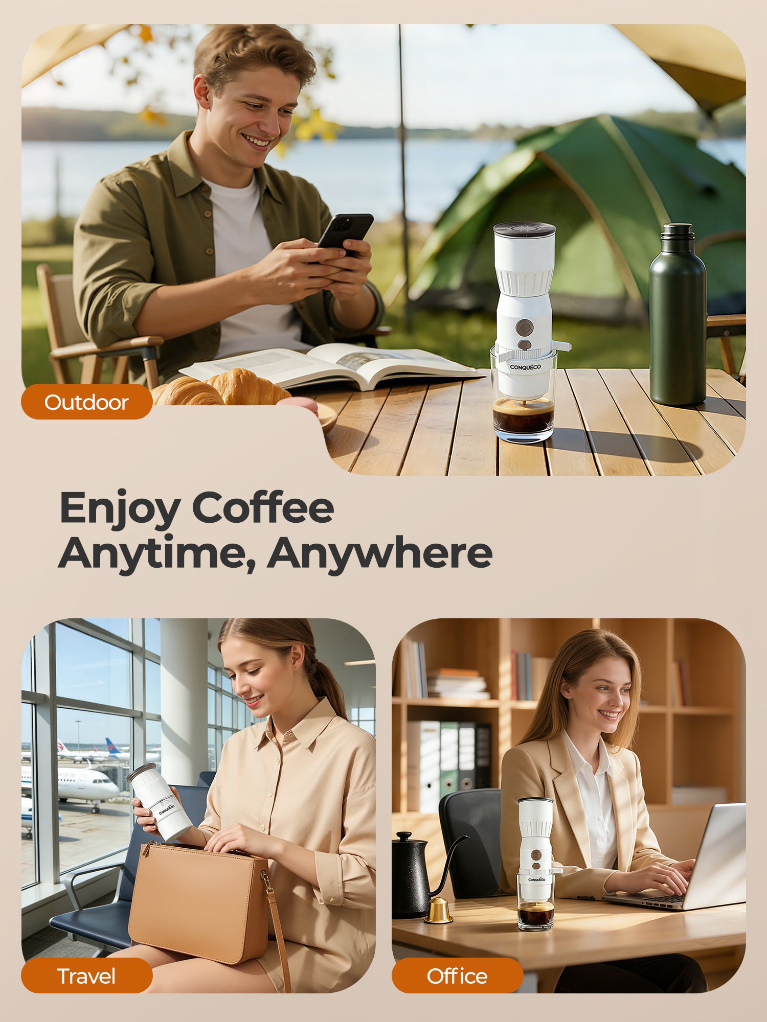 Portable Handheld Electric Espresso Maker used outdoors, during travel, and at the office for coffee anytime, anywhere.