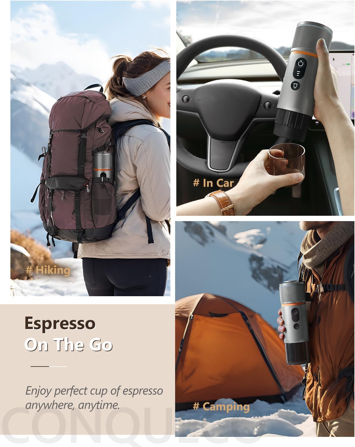 Tragbare CONQUECO Espressomaschine mit 12V-Anschluss und Akku, ideal für Camping und Reisen.