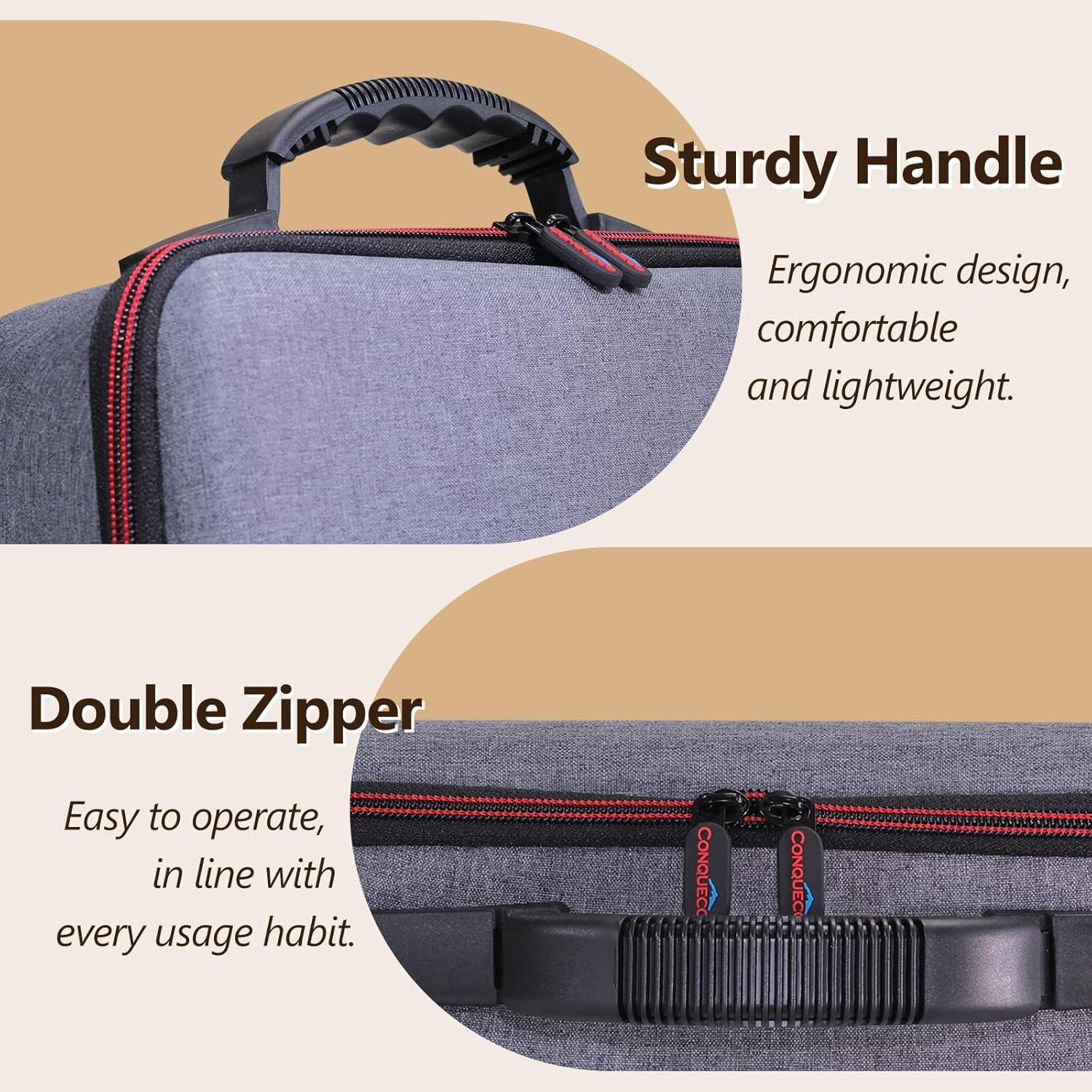 CONQUECO Hand Bag Travel Case showing sturdy handle and double zipper features for ergonomic use and convenience.
