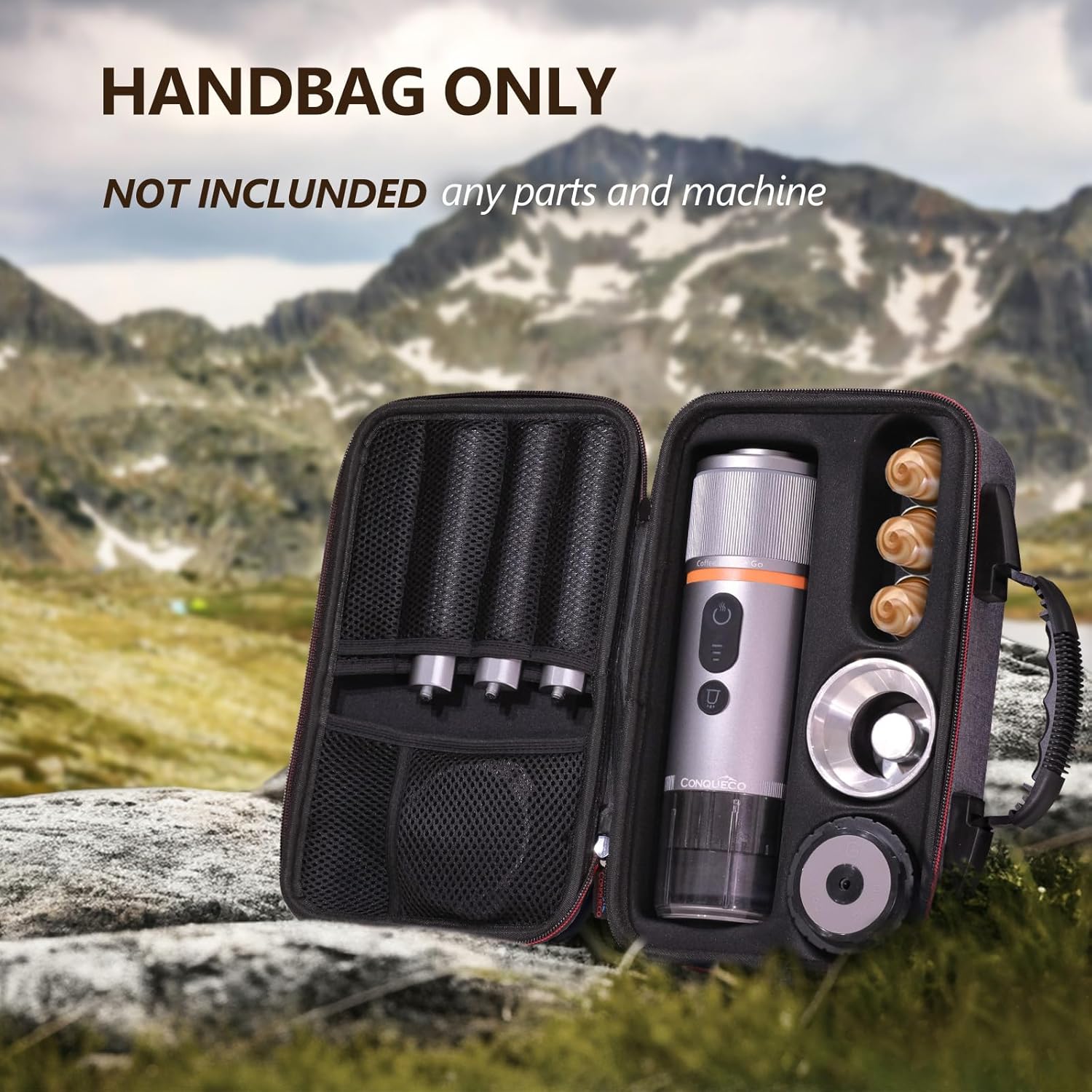 CONQUECO Hand Bag Travel Case showing open design, showcasing compartments and tools, with scenic mountain background.