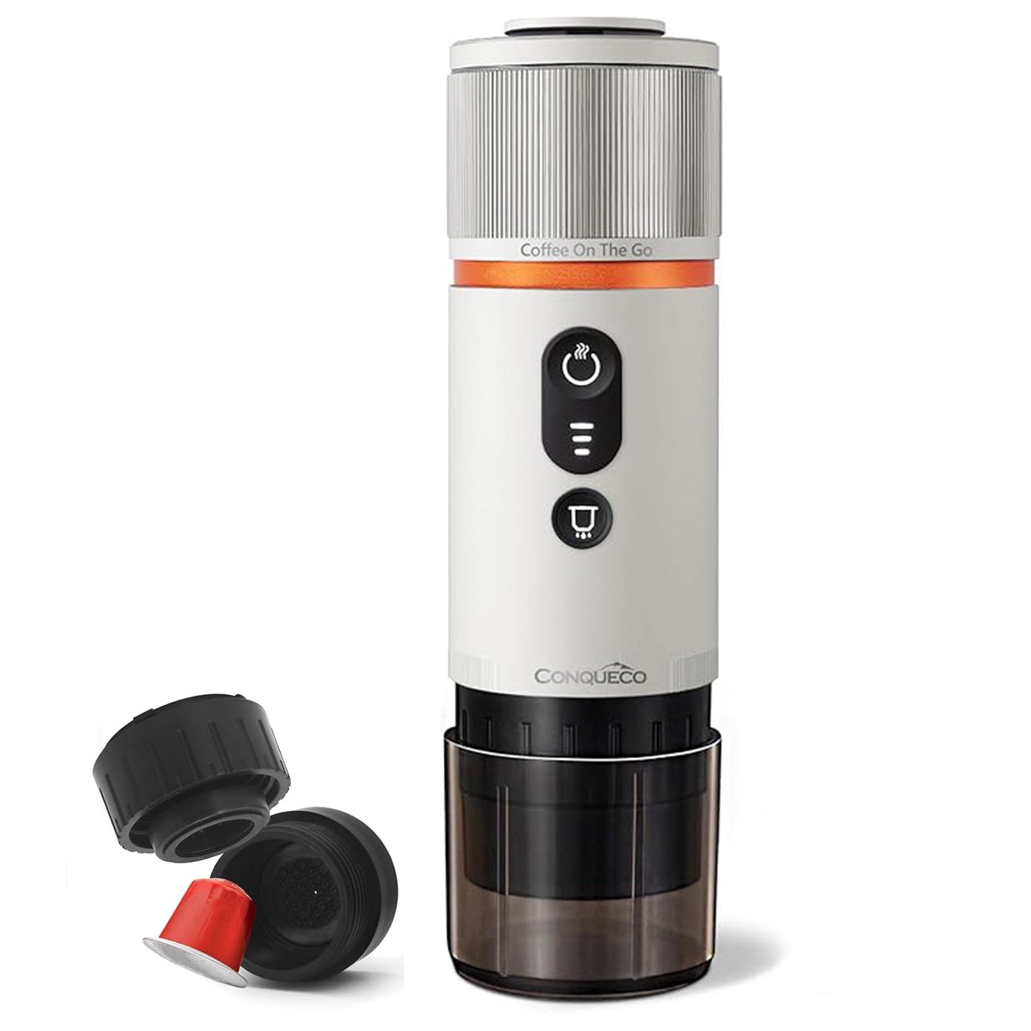 CONQUECO Espressomaschine 12V Silber mit Espresso und Kaffeepulver, perfekt für Auto und Camping
