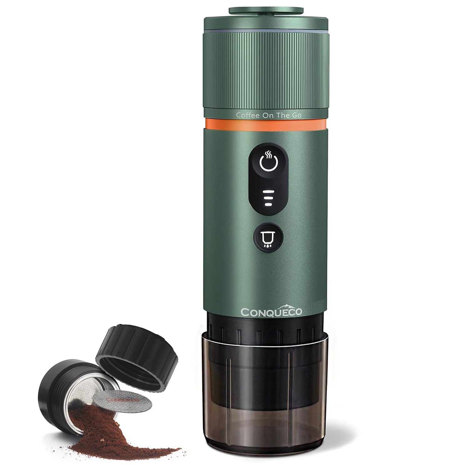 Tragbare Espressomaschine in grün mit Kaffeebohnenbehälter für unterwegs.