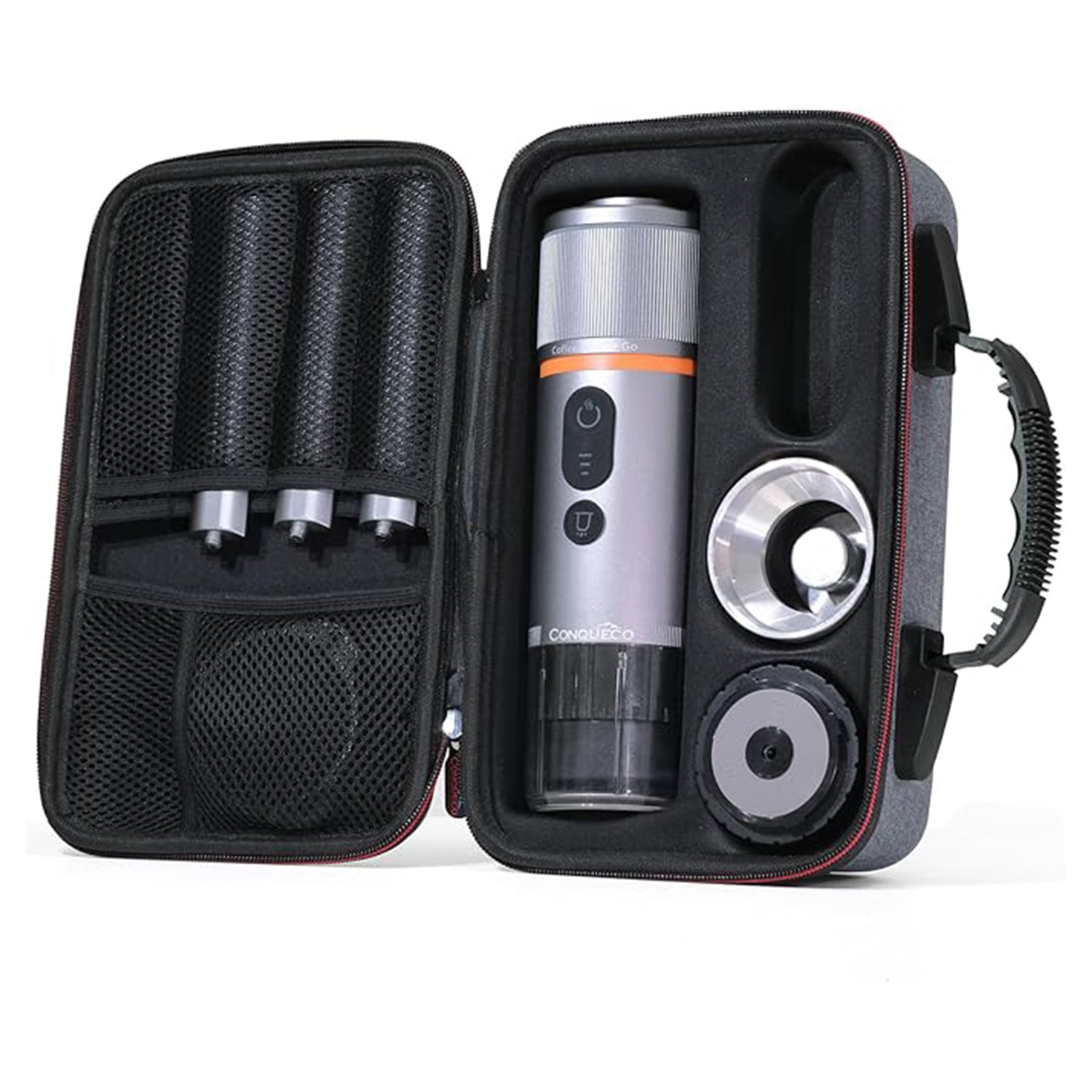 CONQUECO Tragbare Espressomaschine Komplettset mit Kapsel- und Pulveradapter, Reisetasche und Zubehör für Outdoor.