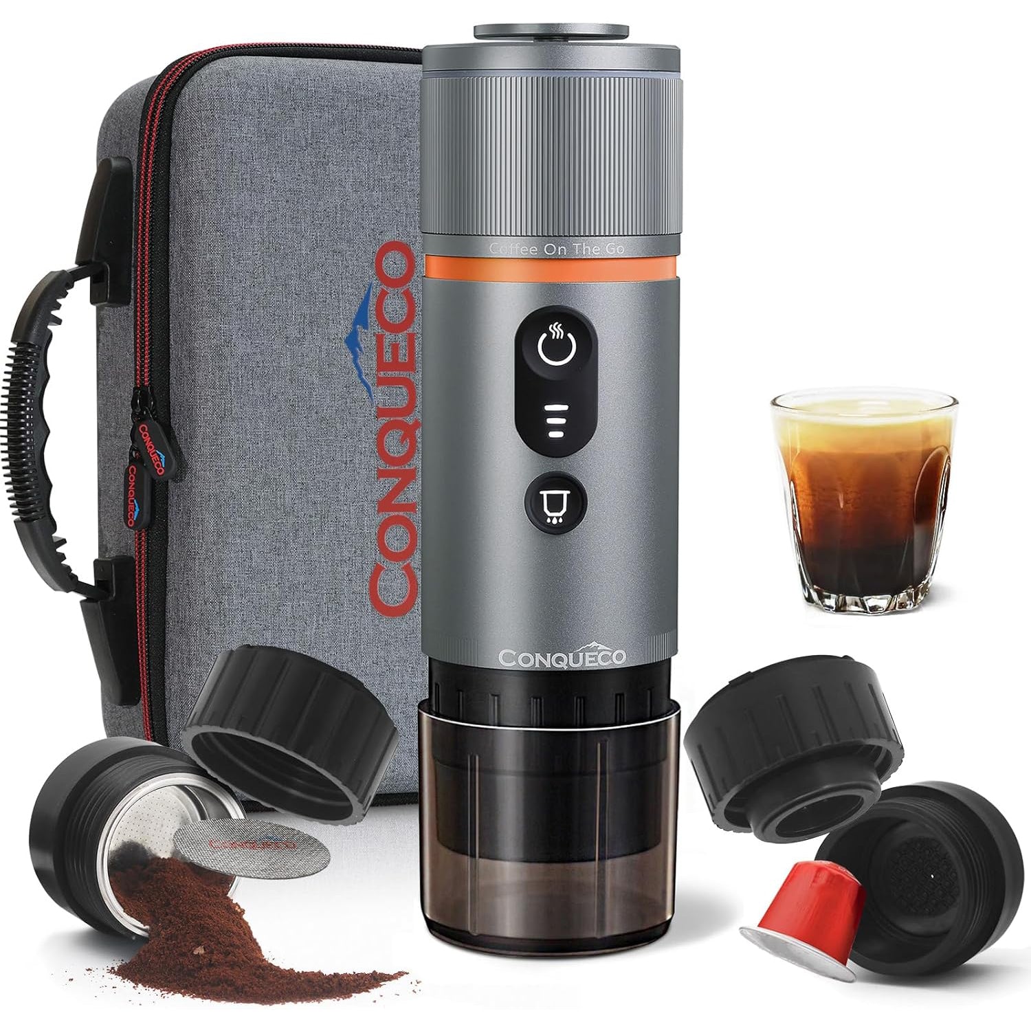 CONQUECO Tragbare Espressomaschine Set mit Zubehör, Akku und Tasse für unterwegs, Reisen oder Camping.