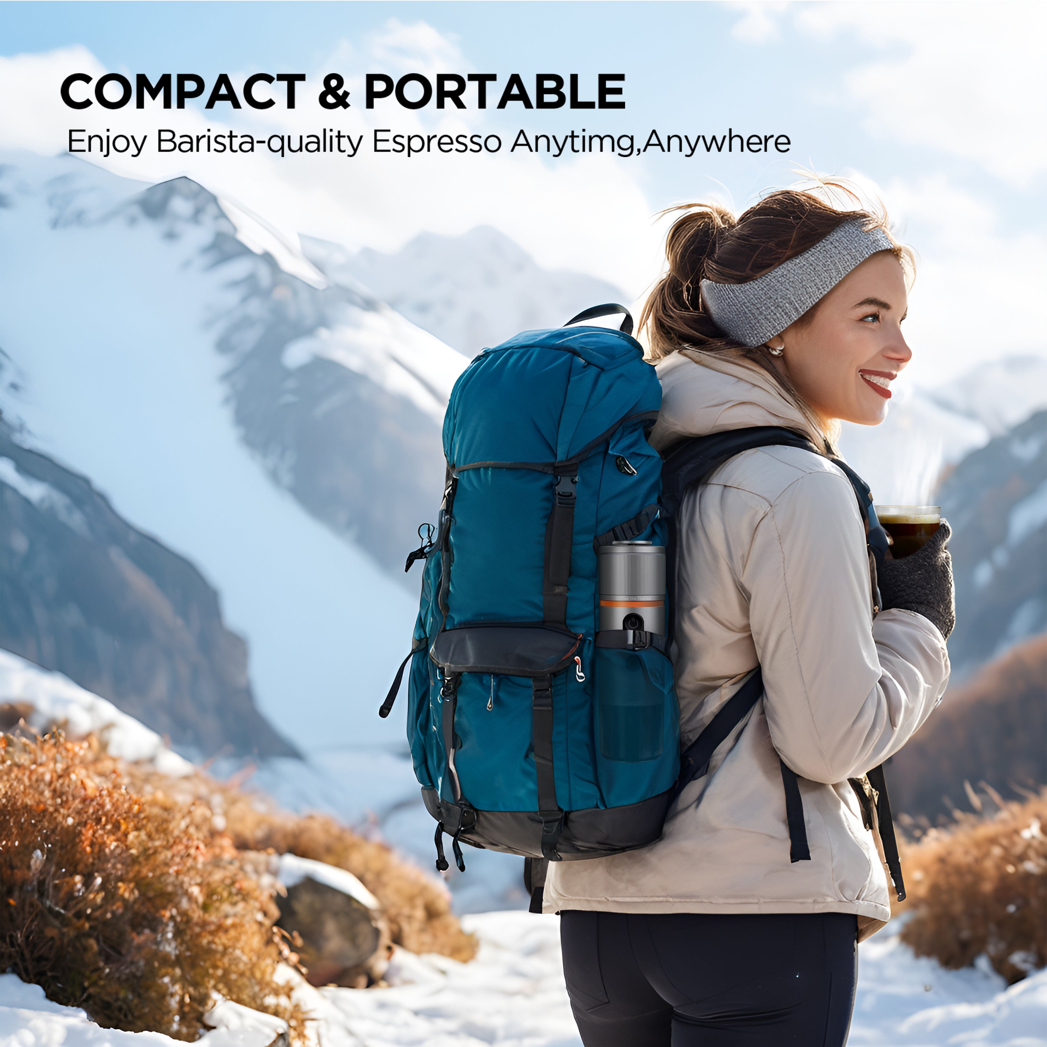 Tragbare Espressomaschine in der Natur, ideal für Kaffeeliebhaber, die unterwegs Barista-Qualität genießen möchten.