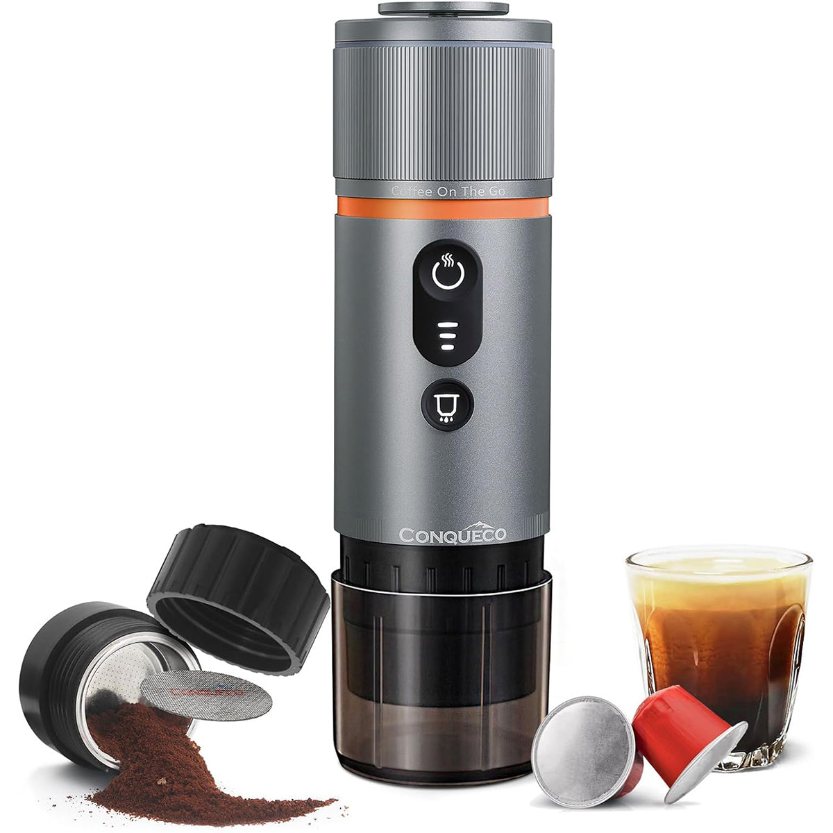 Kit macchina caffè espresso portatile Conqueco per caffè macinato e capsule