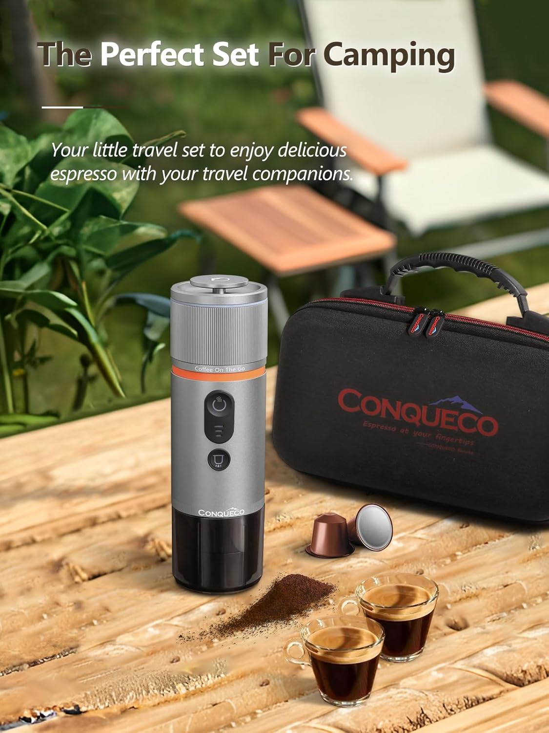 CONQUECO Tragbare Espressomaschine: Outdoor-Kaffeegenuss mit Freunden, kompakt und mobil einsetzbar.