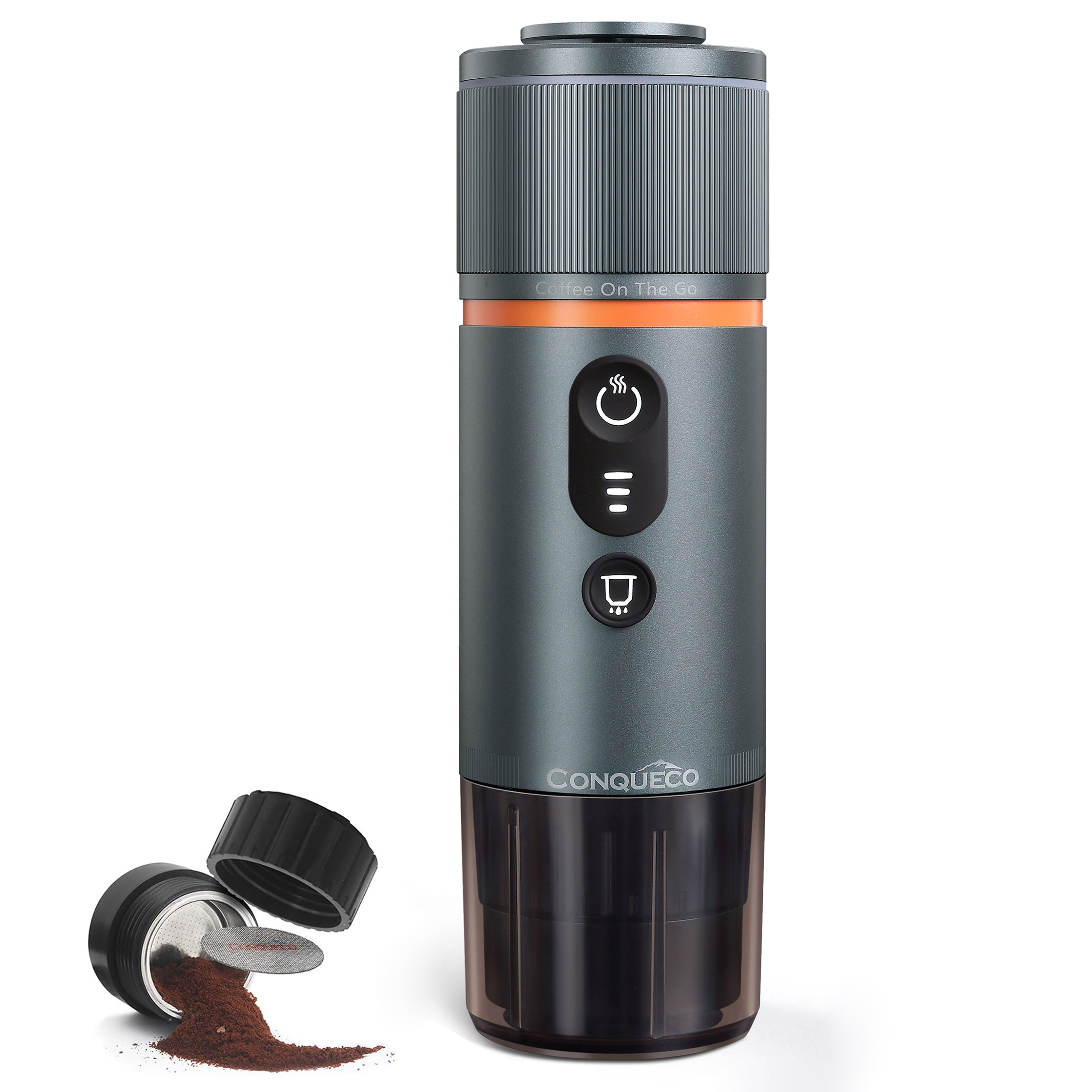 Tragbare Espressomaschine in Silber mit Rundumheizung und Kaffeepulver-Aufsatz für perfekten Espresso unterwegs.