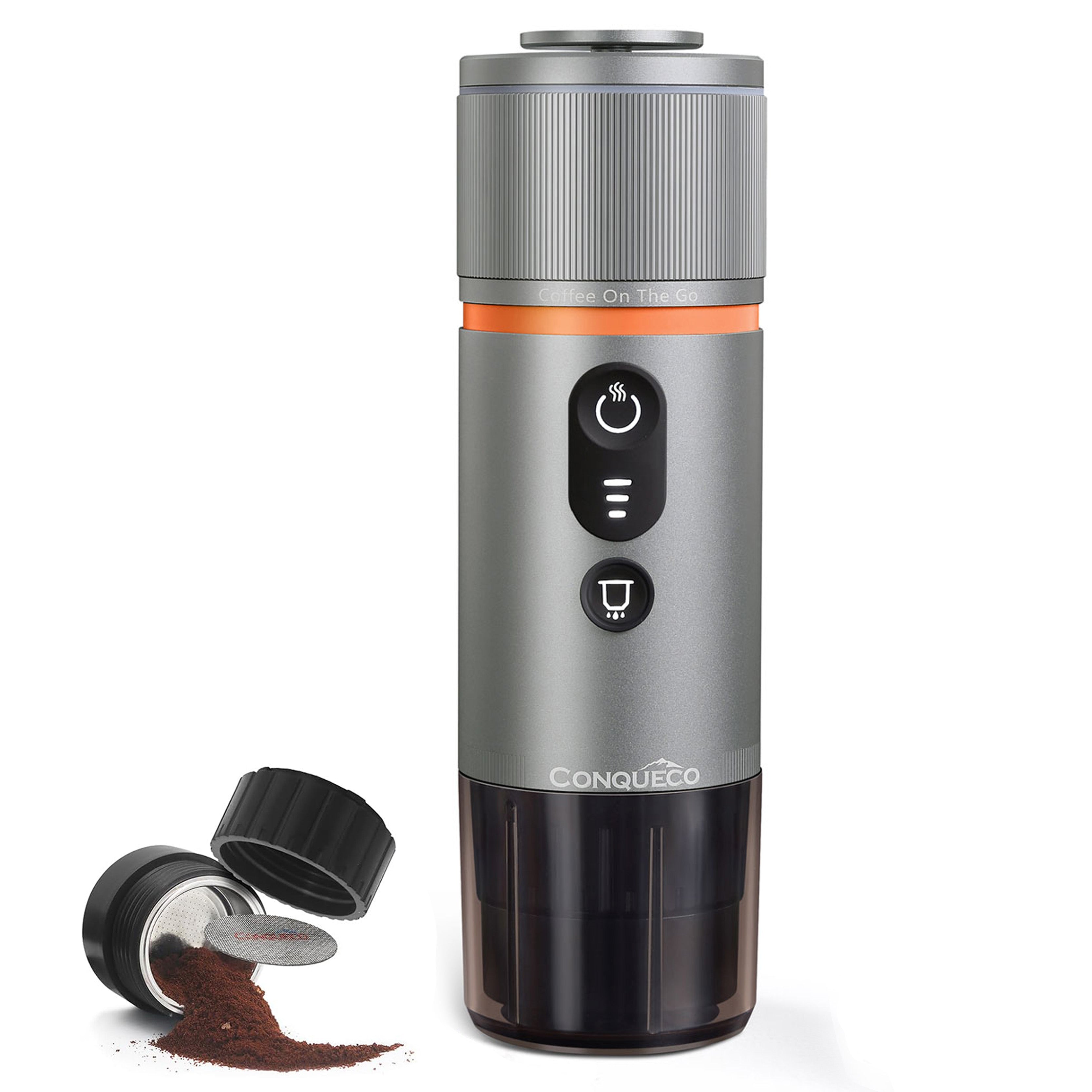 Tragbare Espressomaschine in Silber mit Mahlwerk und Kaffeekapseln für perfekte Espresso-Zubereitung unterwegs.