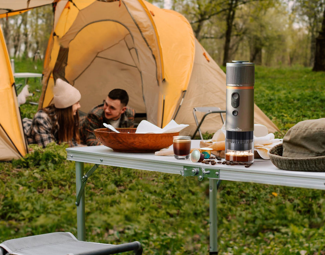 Making high-quality espresso with a CONQUECO coffee maker while camping in nature.