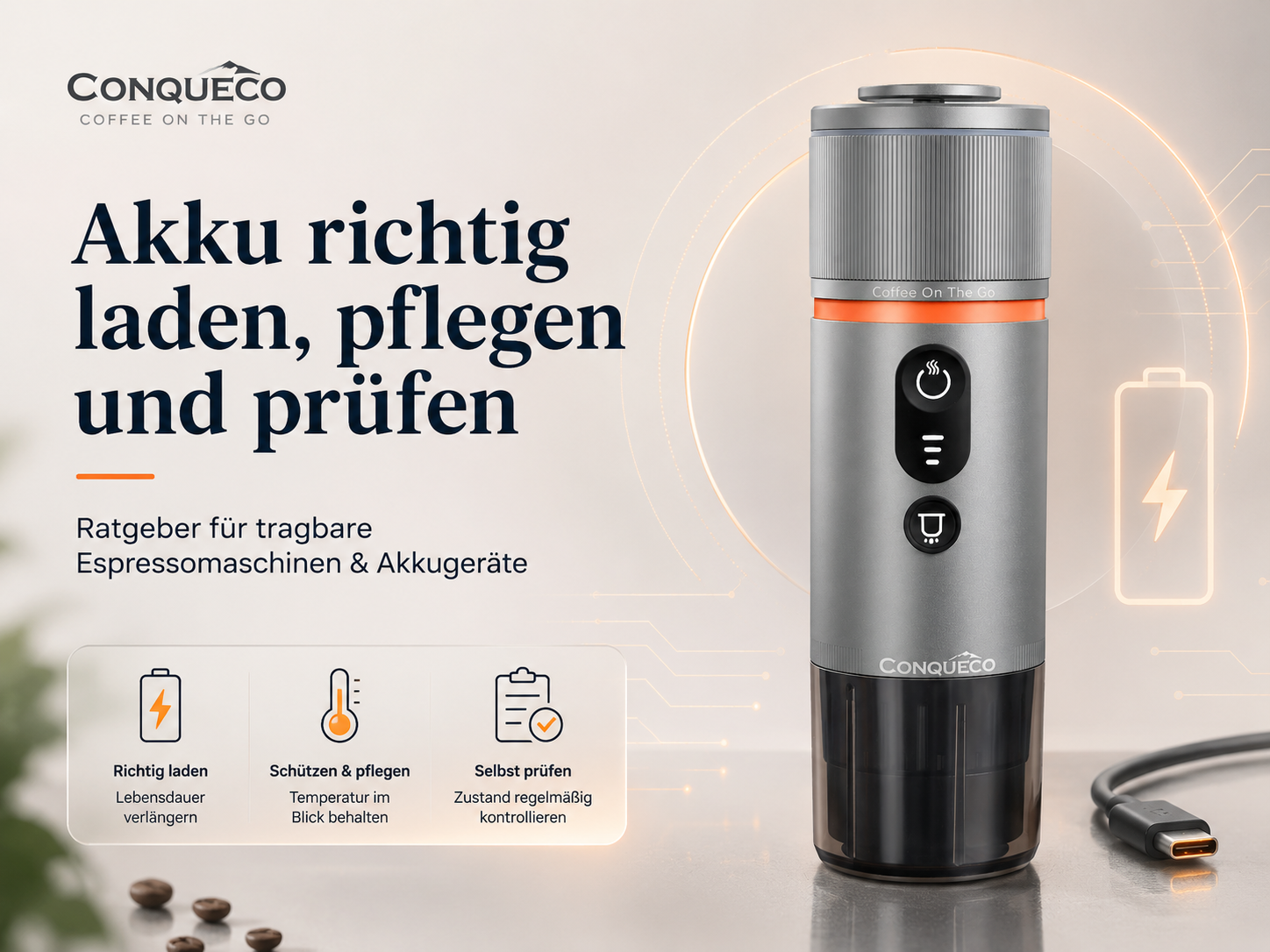 CONQUECO tragbare Espressomaschine richtig aufladen Akku einer tragbaren Espressomaschine pflegen Lithium-Ionen-Akku richtig laden und lagern Tiefentladung bei einer tragbaren Kaffeemaschine erkennen Akkuzustand einer mobilen Espressomaschine prüfen