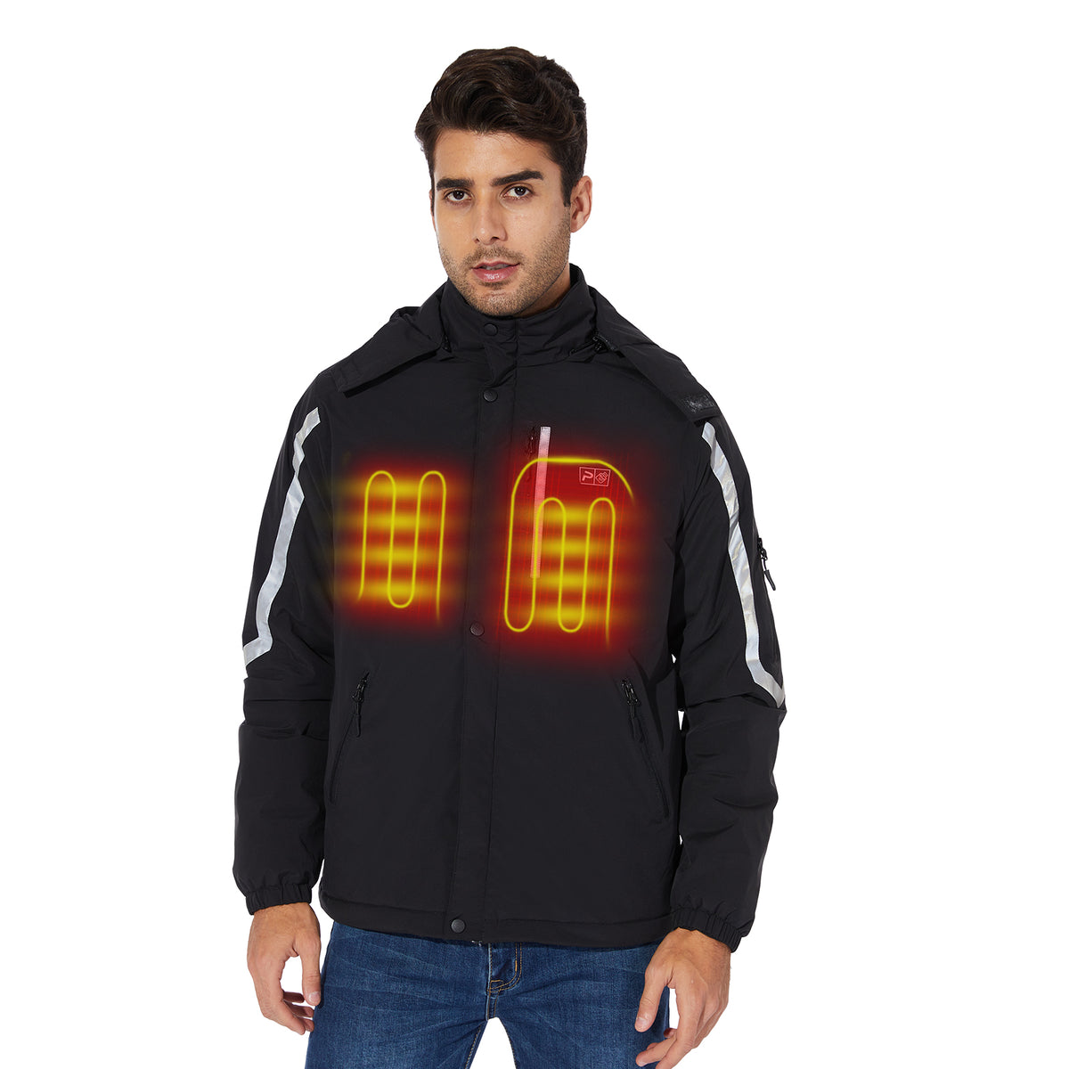 263- Men's Heated Jacket- Windproof and Waterproof with Reflective Safety Strips- Black