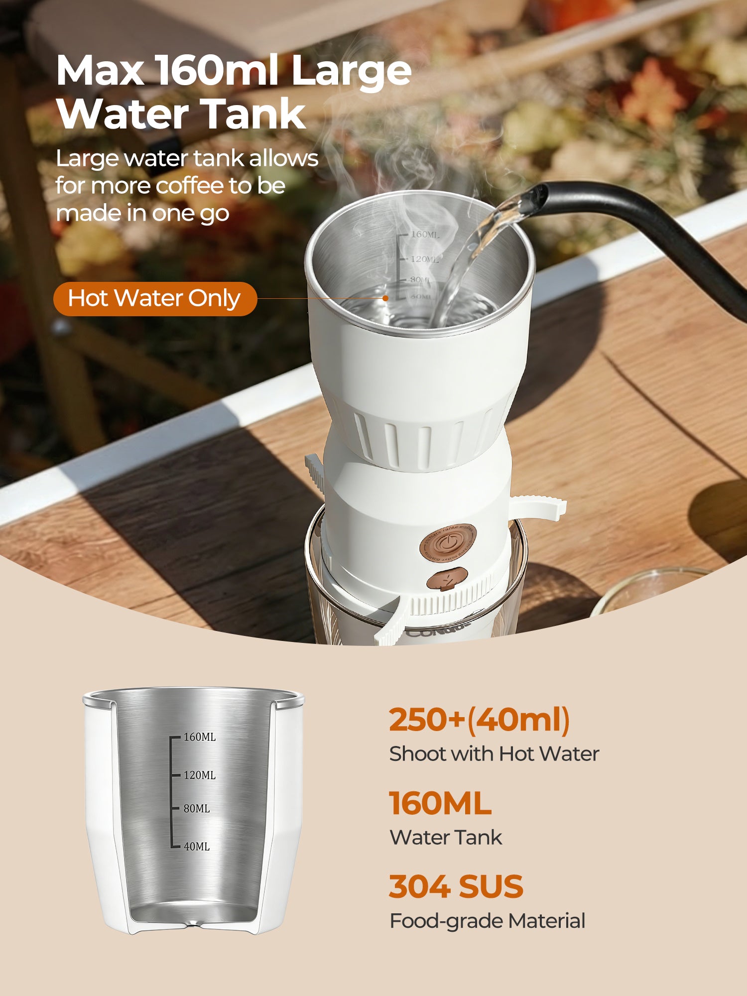 Portable Handheld Electric Espresso Maker with max 160ml large water tank for optimal coffee preparation.