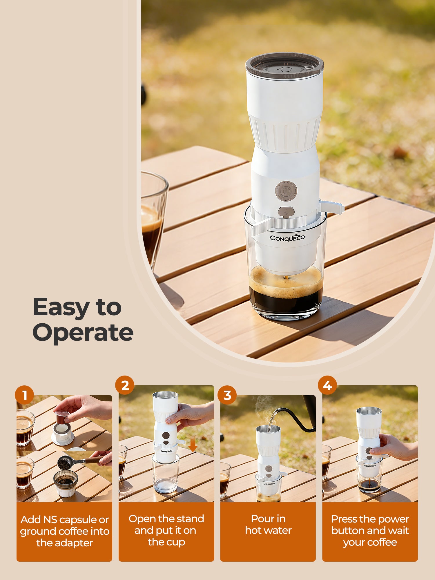 Portable Handheld Electric Espresso Maker in use, demonstrating easy operation steps on a wooden table.
