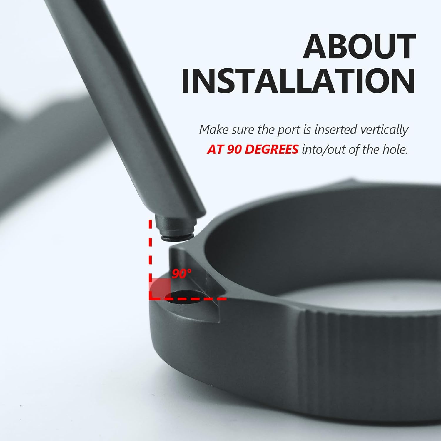 Installation guide for Portable Coffee Machine Stand showing 90-degree insertion of the port into the hole.