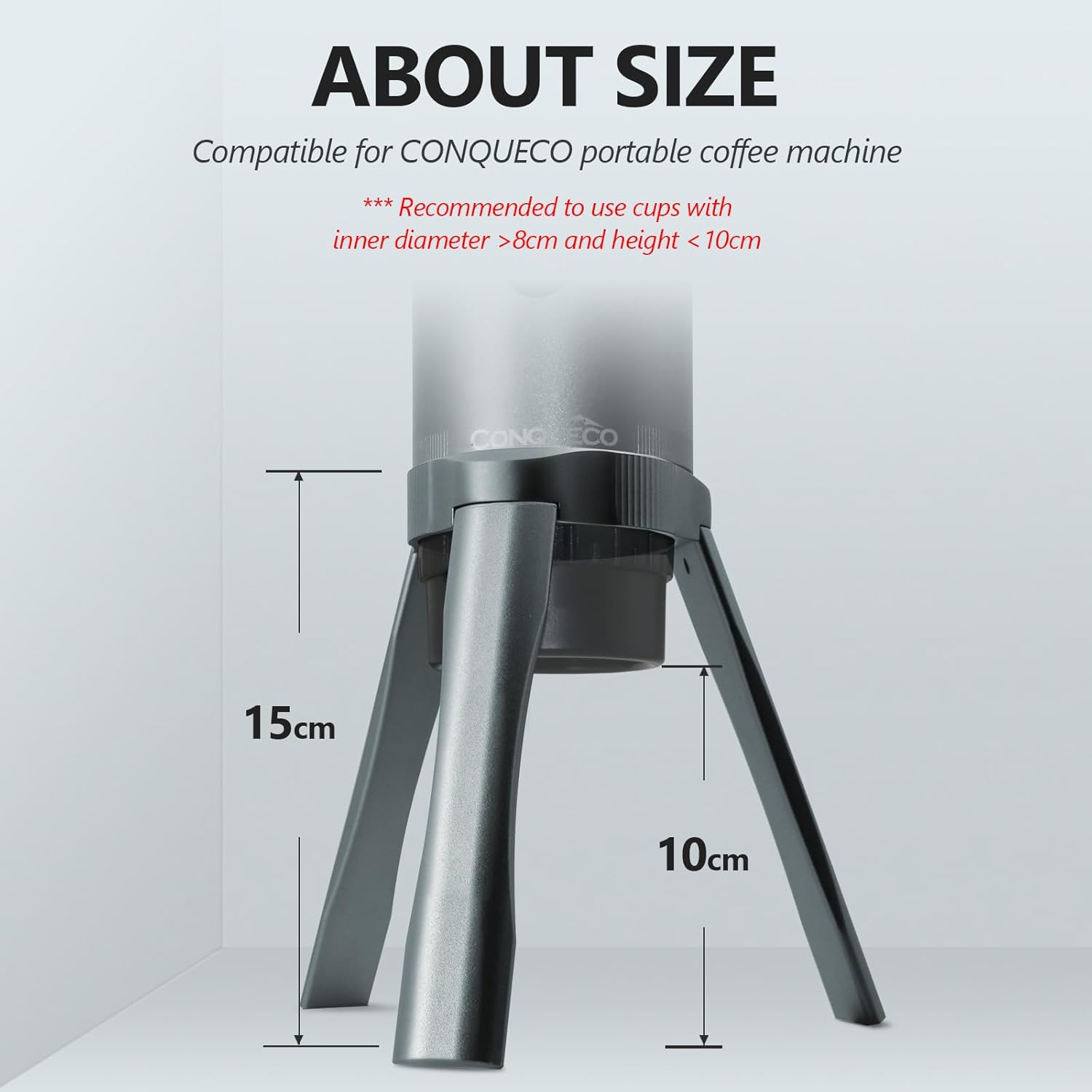 Image showing size measurement of CONQUECO Portable Coffee Machine Stand with height and diameter specifications.