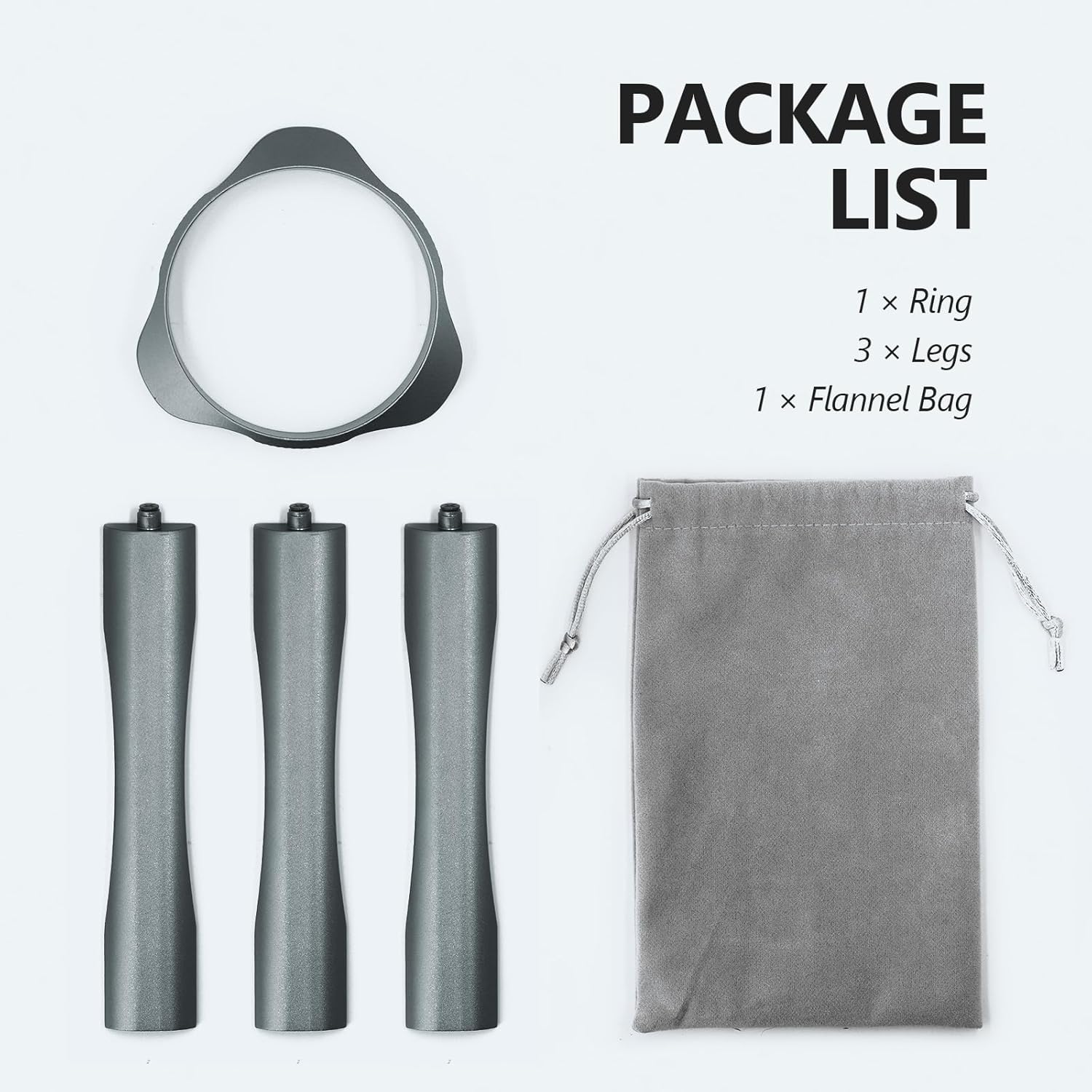 CONQUECO Portable Coffee Machine Stand package list including ring, legs, and flannel bag.