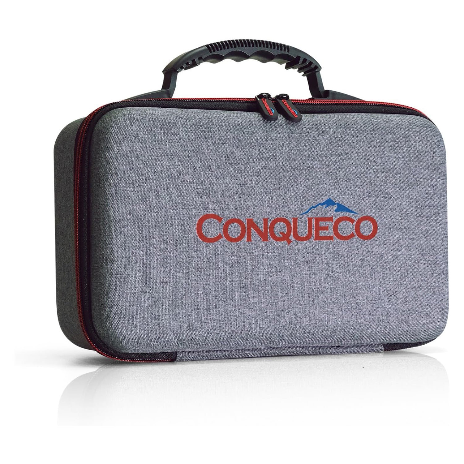 CONQUECO Hand Bag Travel Case in gray fabric with red branding and handle for protection and portability.
