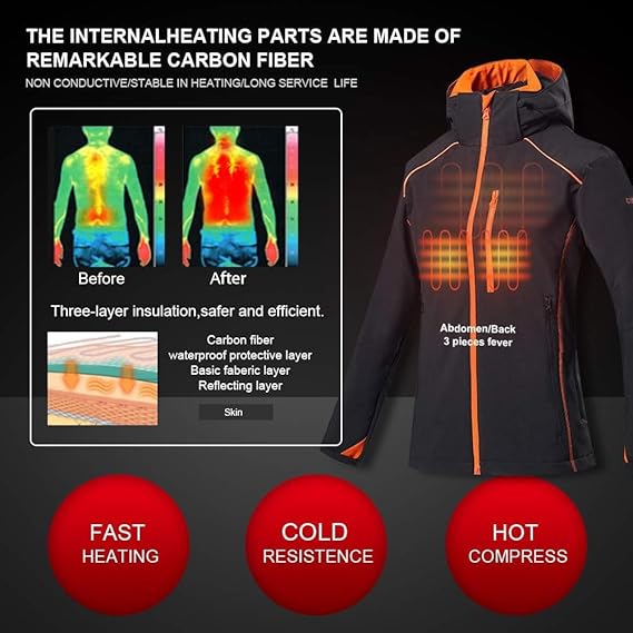 Beheizbare Slim-Fit-Hoodie-Jacke für Damen in Orange und Schwarz