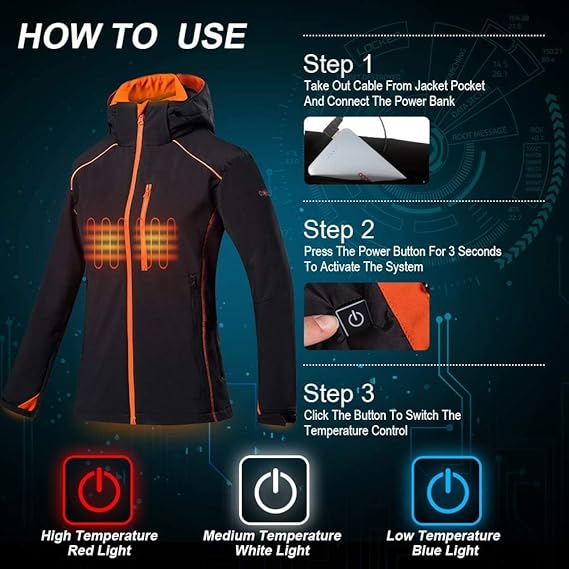 Beheizbare Slim-Fit-Hoodie-Jacke für Damen in Orange und Schwarz