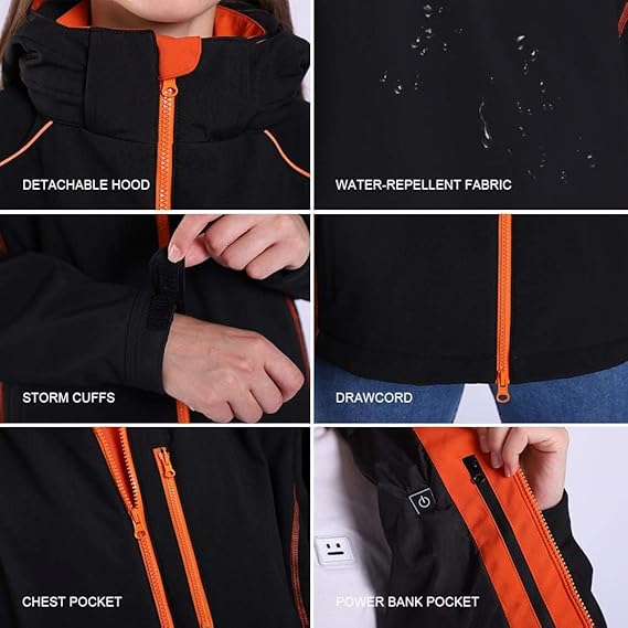 Beheizbare Slim-Fit-Hoodie-Jacke für Damen in Orange und Schwarz