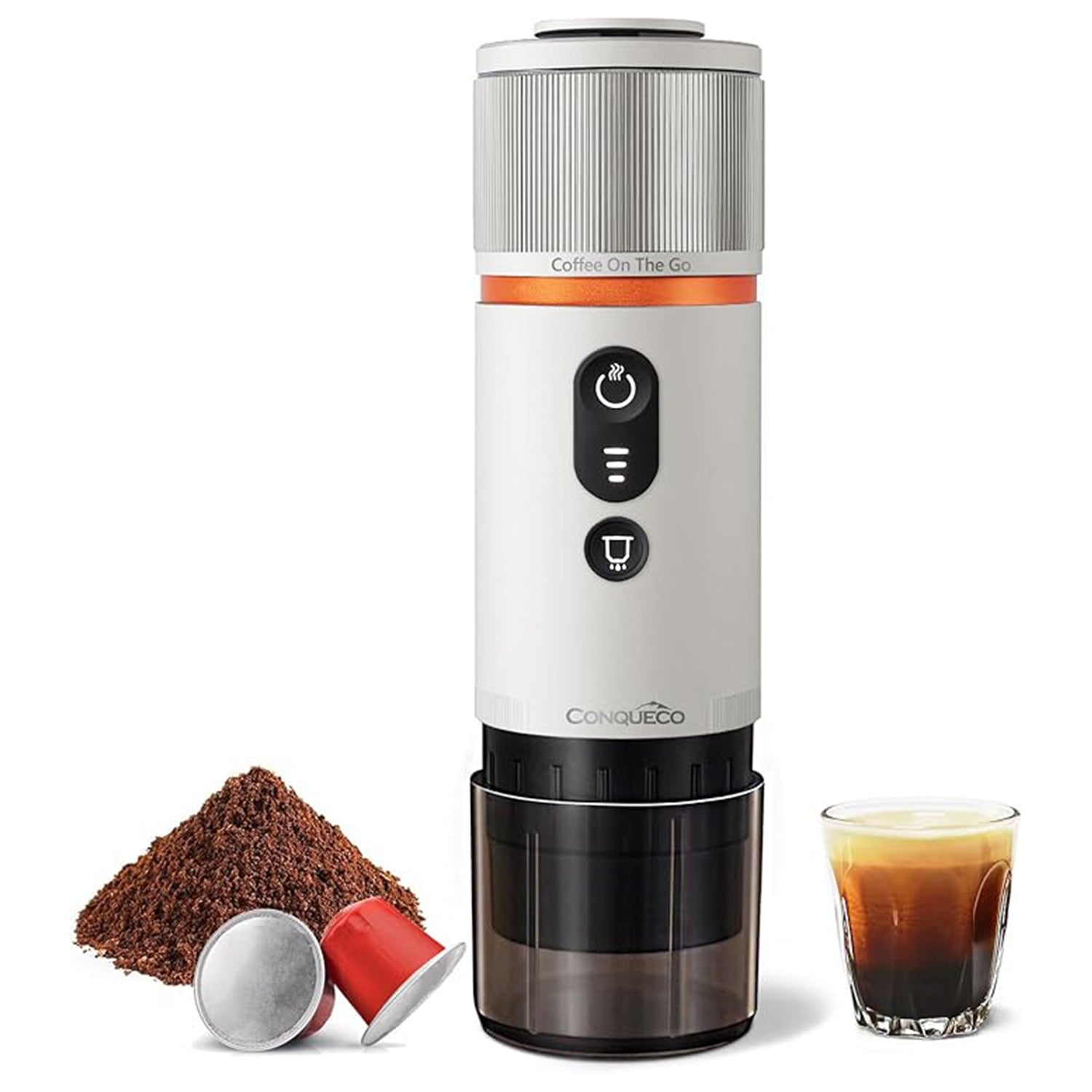 CONQUECO Tragbare Espressomaschine Silber, 12V, mit Kaffeetasse und Kaffeepulver für Reisen