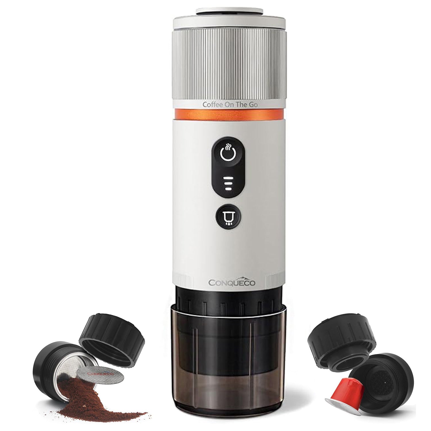 Tragbare Espressomaschine in Silber mit Mahlwerk und Kaffeekapseln für perfekte Espresso-Zubereitung unterwegs.