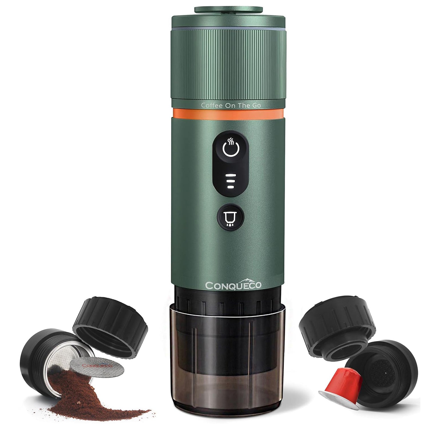 Tragbare Espressomaschine in Silber mit Mahlwerk und Kaffeekapseln für perfekte Espresso-Zubereitung unterwegs.