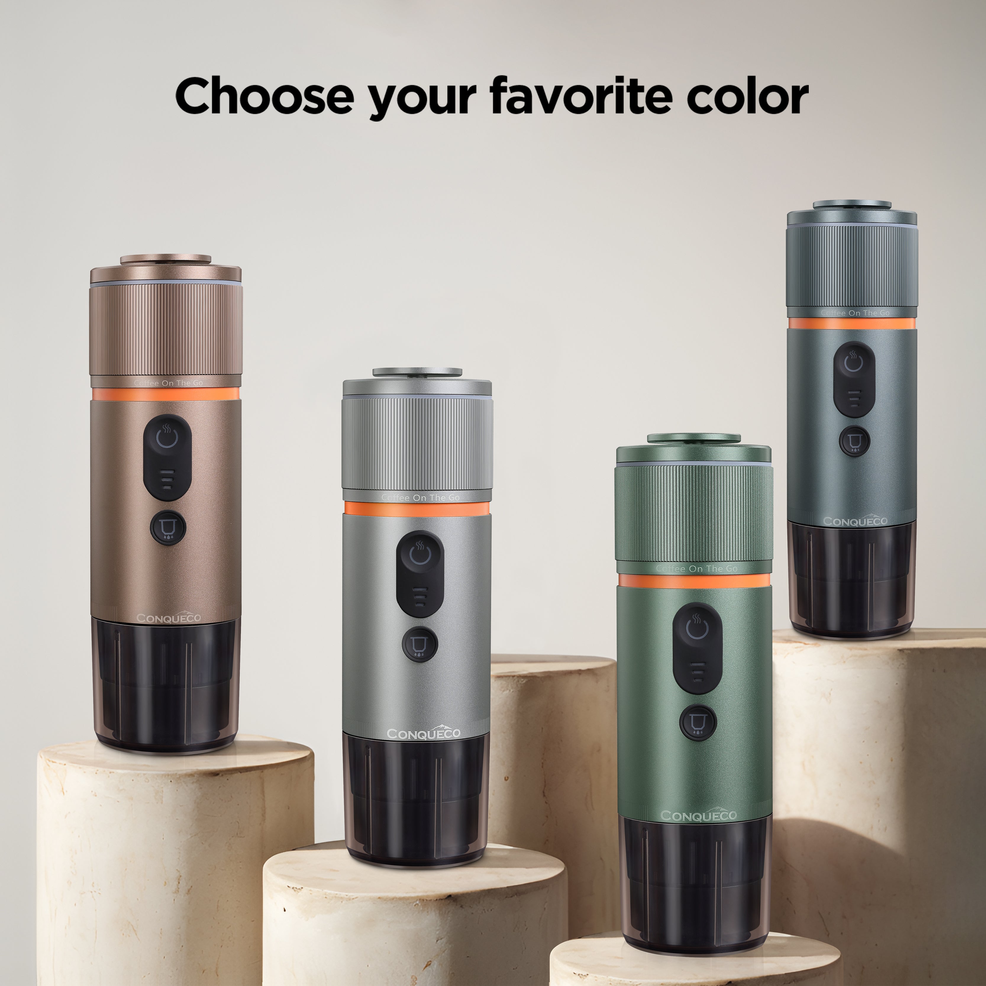 Macchina caffè espresso portatile in diverse colorazioni: argento, verde, grigio e marrone. Scegli il tuo preferito!