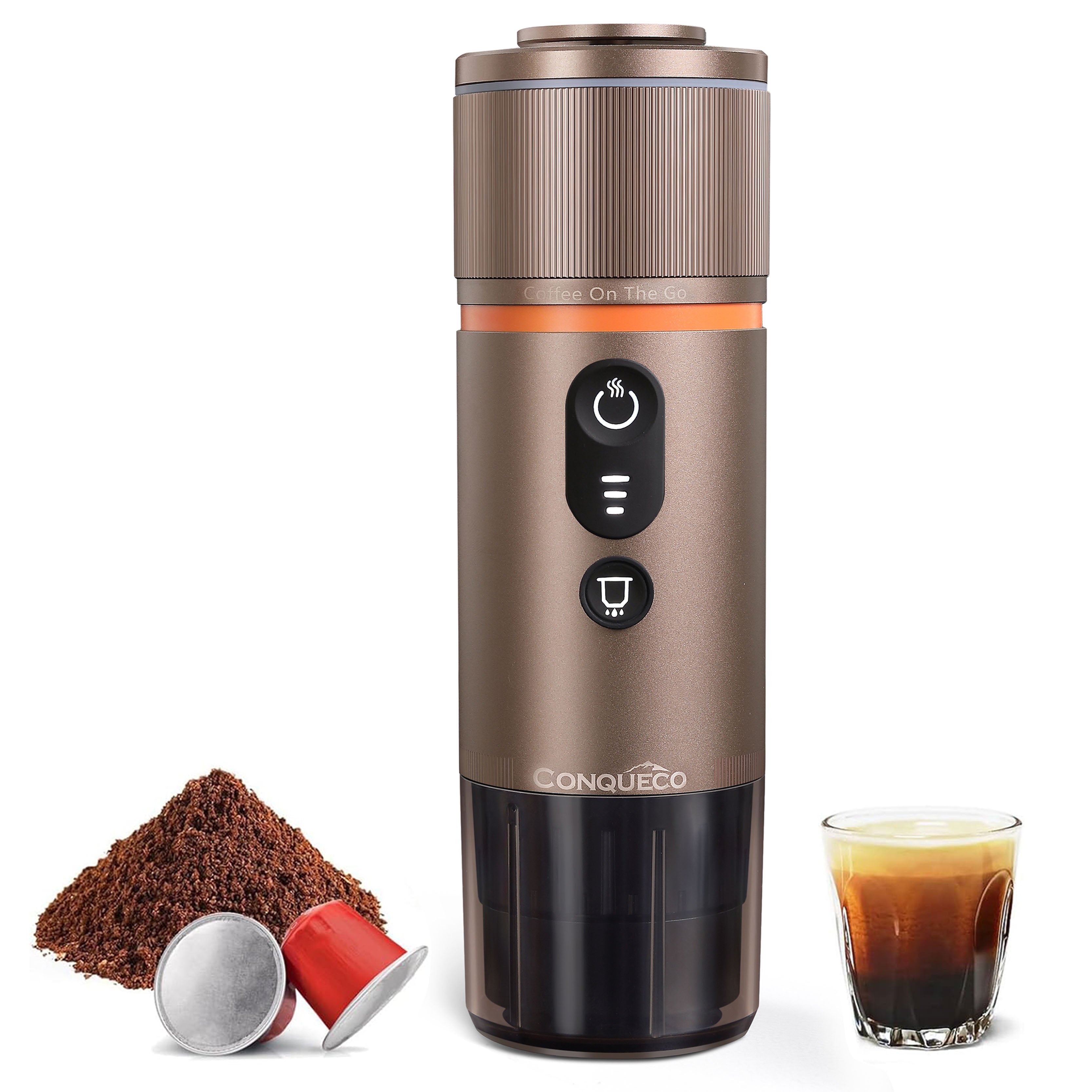 CONQUECO Tragbare Espressomaschine Silber, 12V, selbstheizend mit Kapseln für mobilen Kaffeegenuss