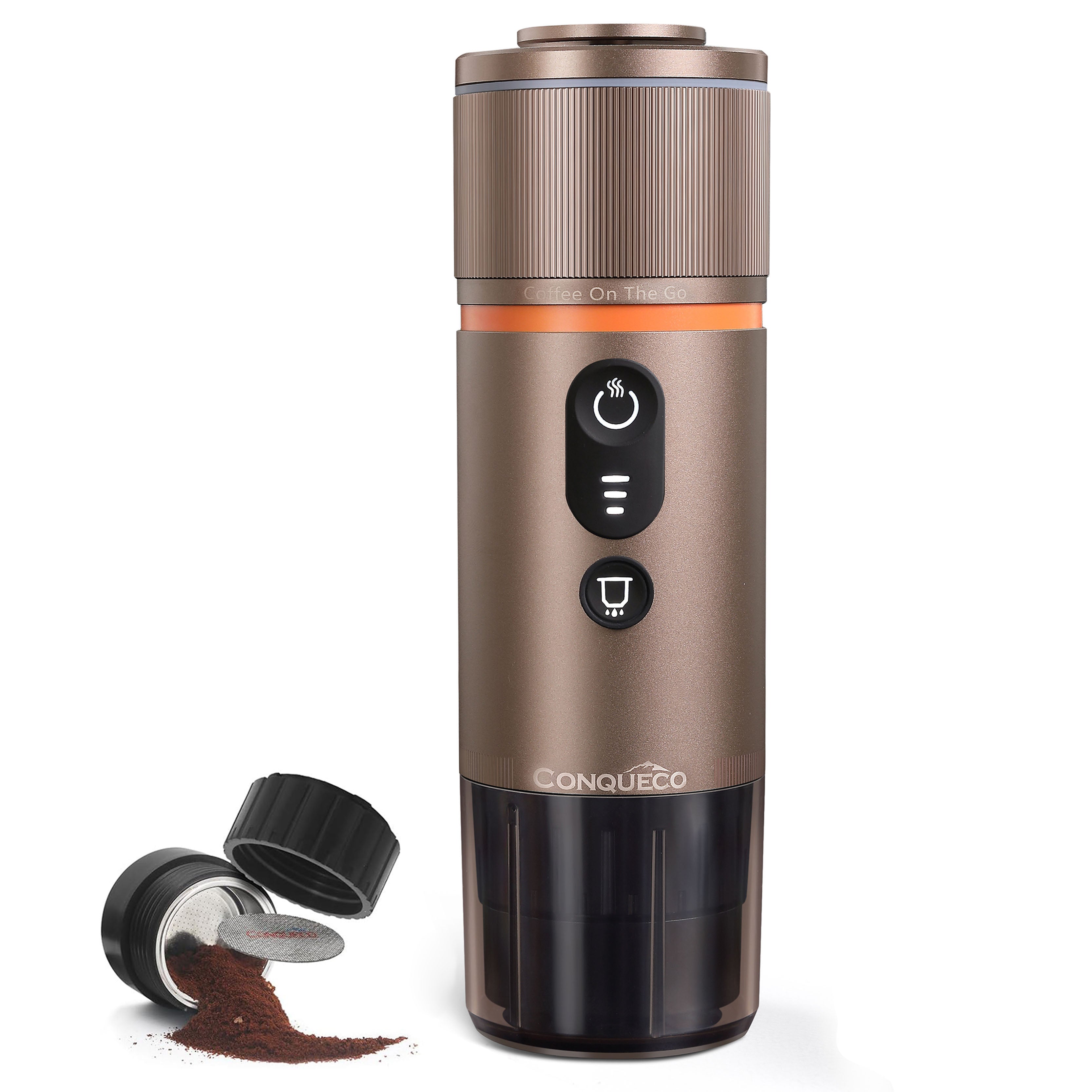 Tragbare Espressomaschine in Silber, ideal für Kaffee unterwegs, mit Akku und verbessertem Heizsystem.