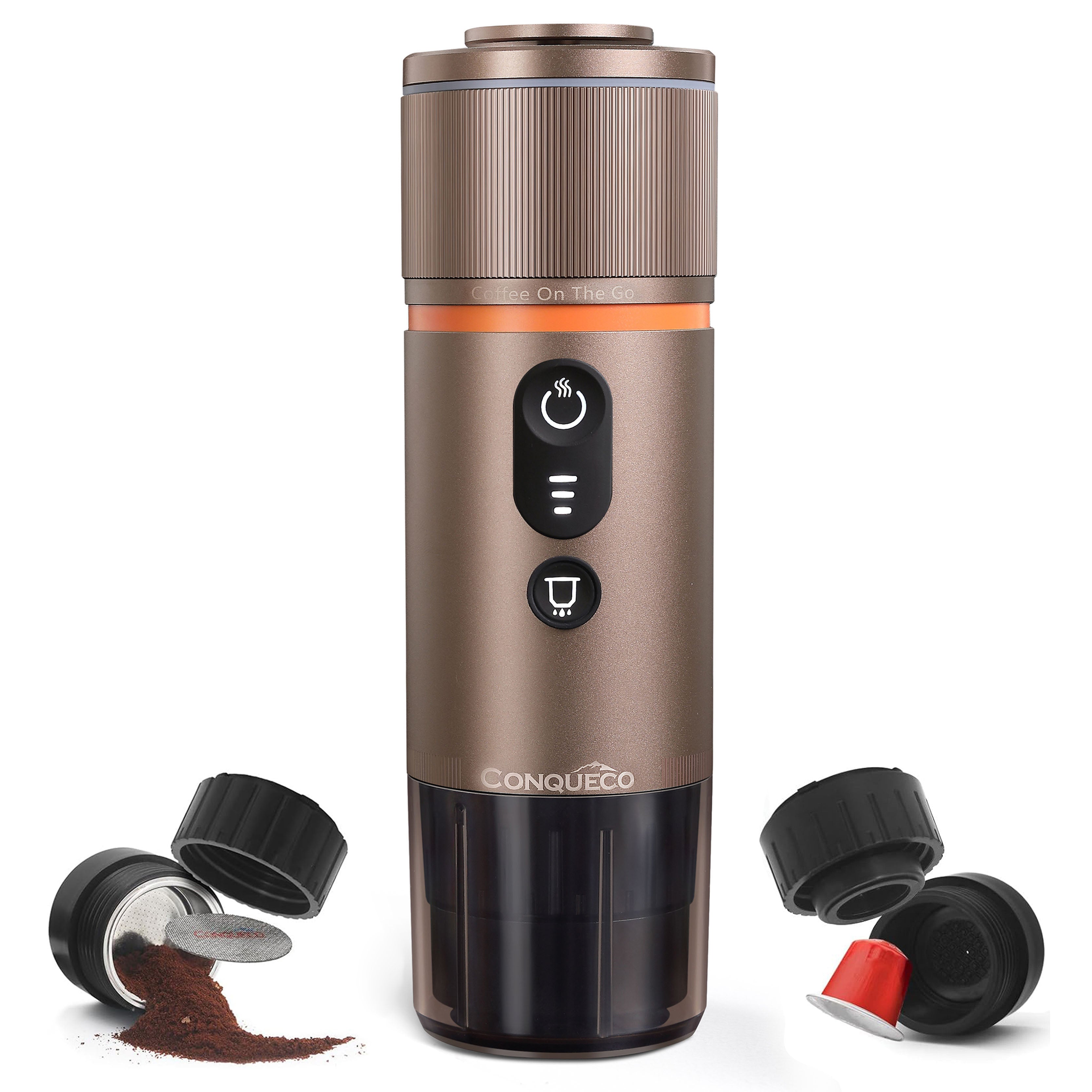 Tragbare Espressomaschine in Silber mit Mahlwerk und Kaffeekapseln für perfekte Espresso-Zubereitung unterwegs.