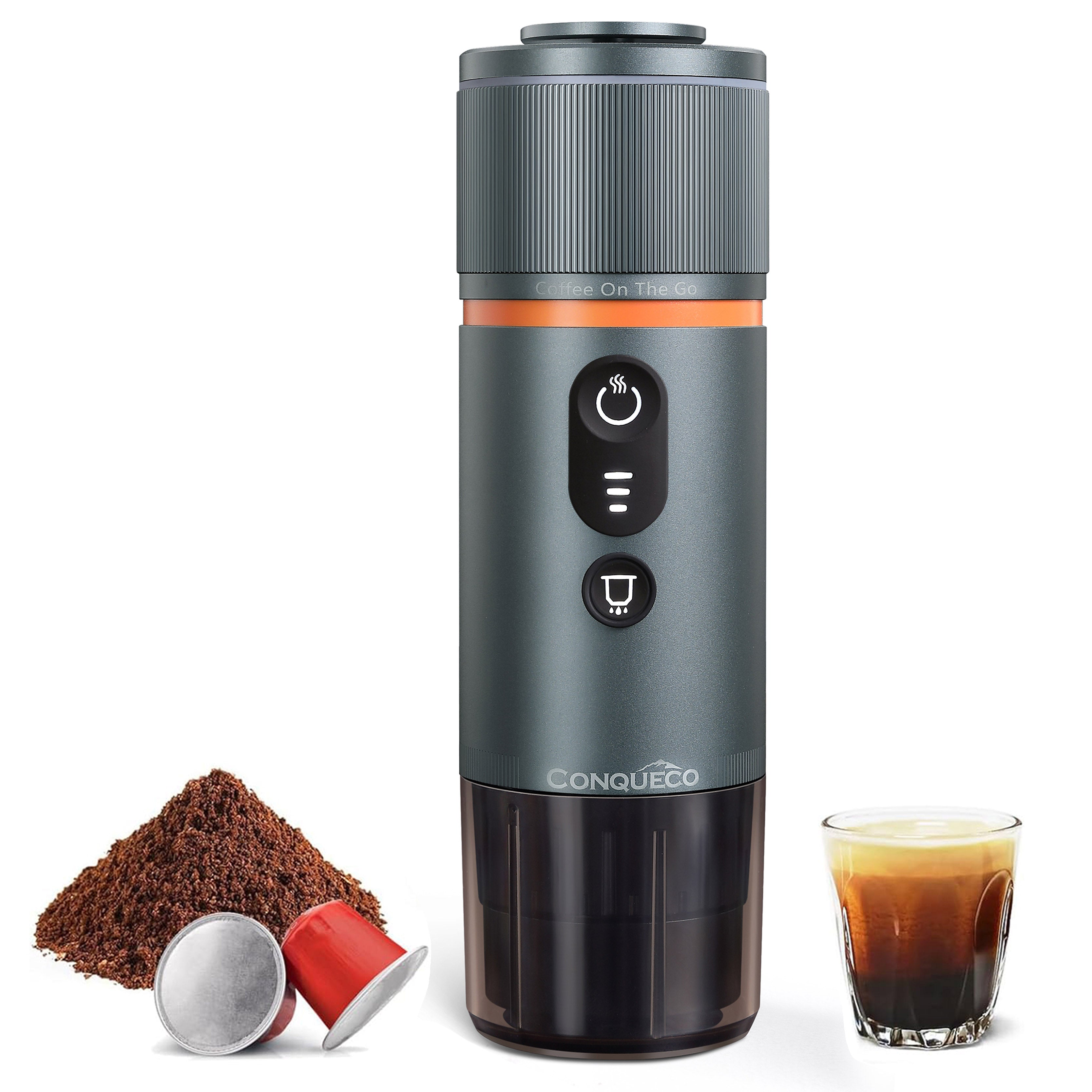 Portabler 12V-Espressokocher mit Kaffeekapseln, Pulver und frisch gebrühtem Espresso im Glas