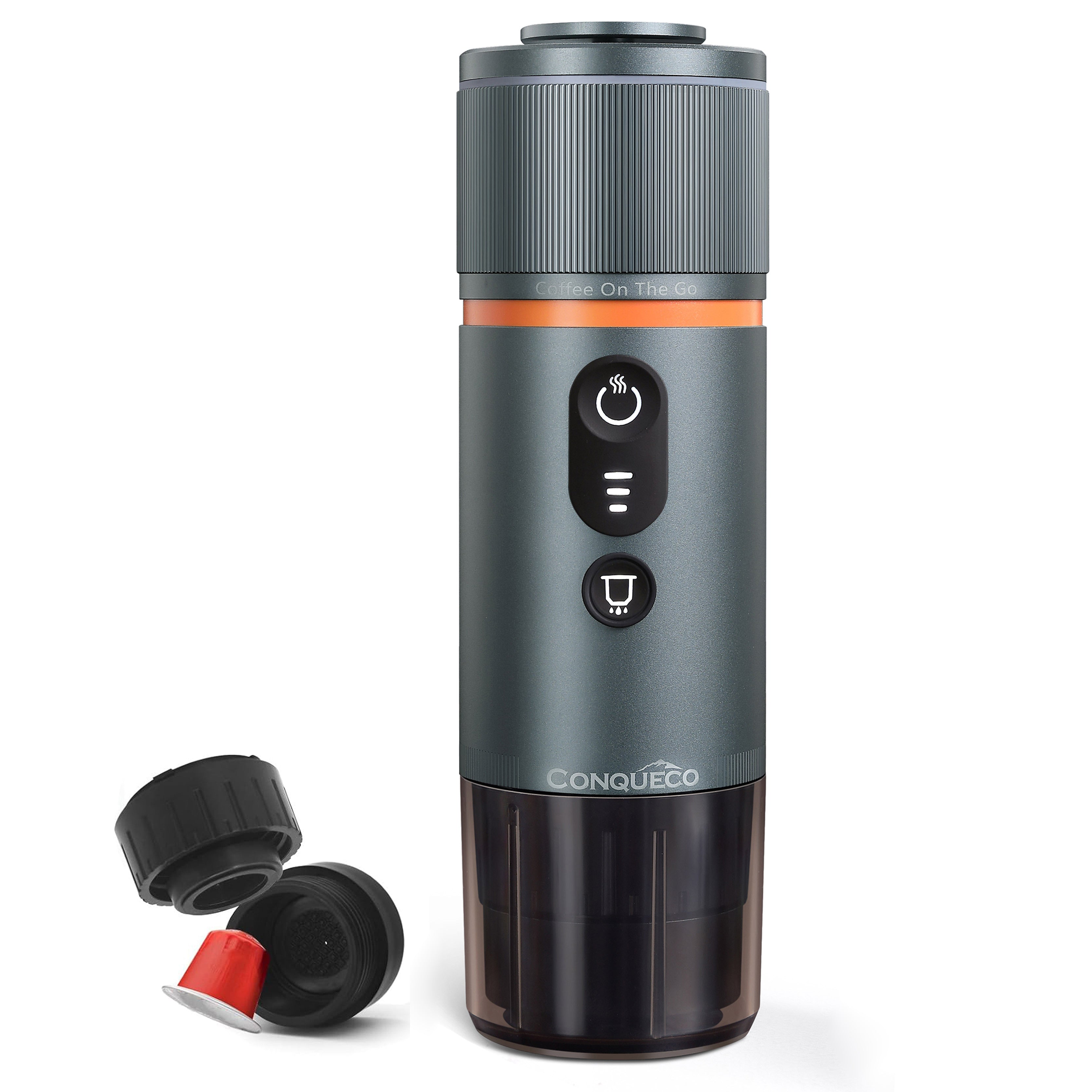 CONQUECO Espressomaschine 12V Silber mit Espresso und Kaffeepulver, perfekt für Auto und Camping