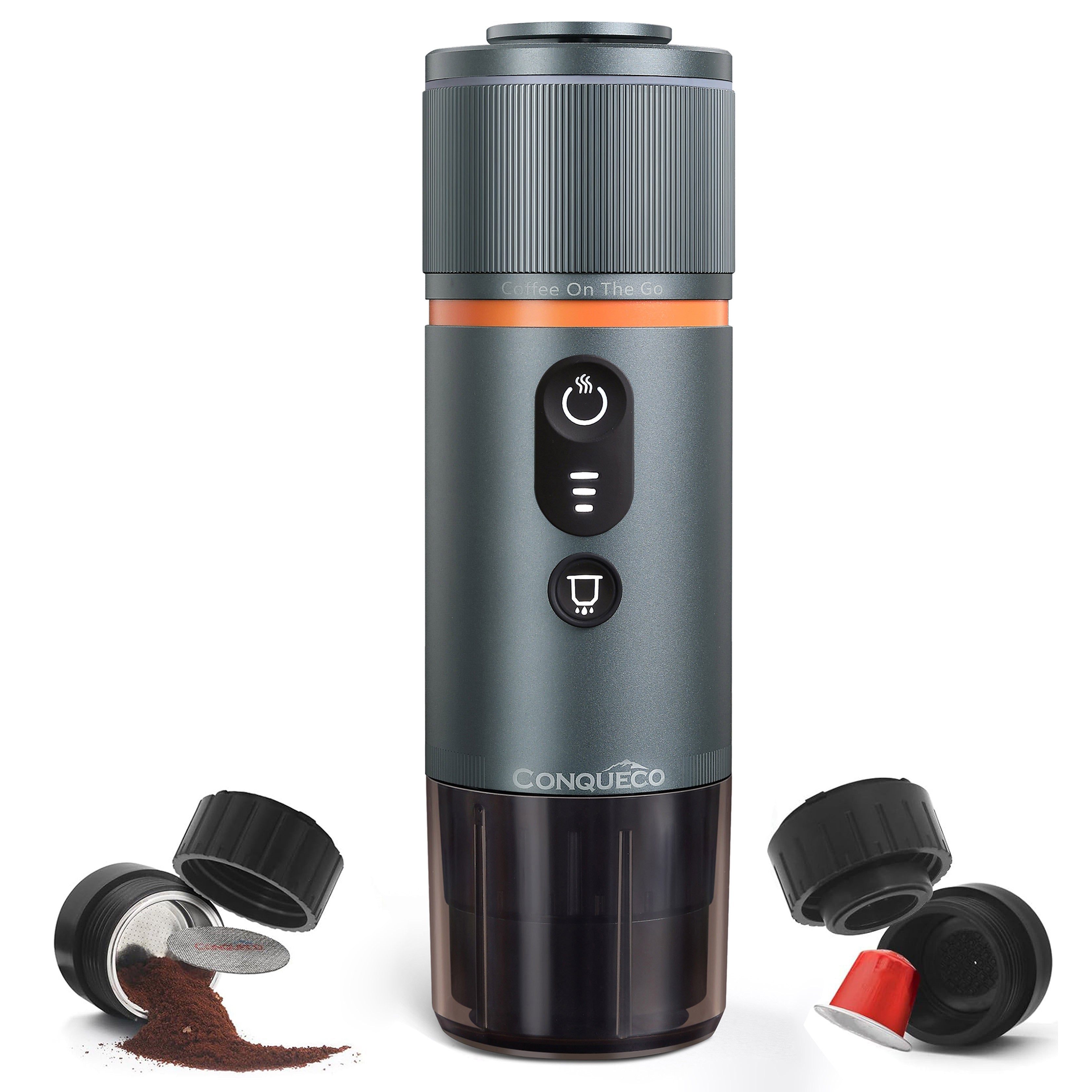 Tragbare Espressomaschine in Silber mit Mahlwerk und Kaffeekapseln für perfekte Espresso-Zubereitung unterwegs.