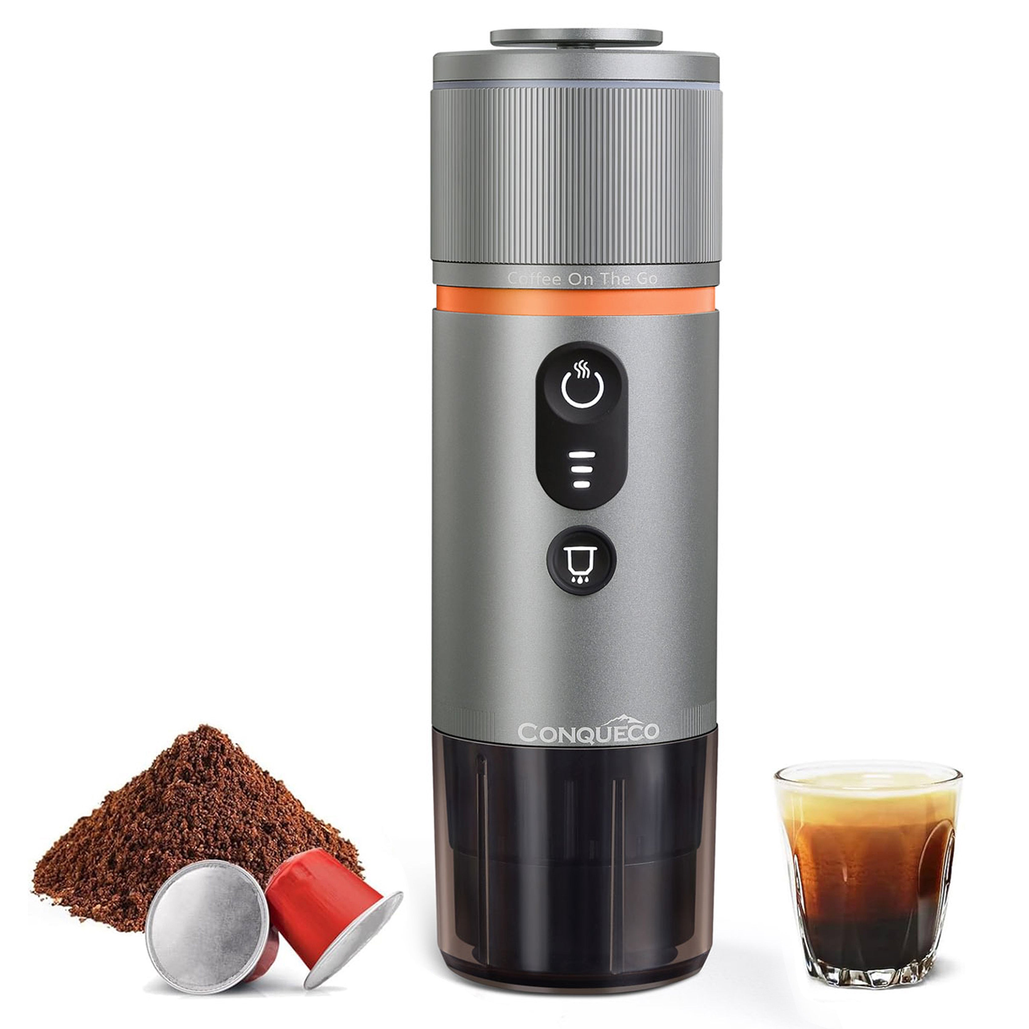CONQUECO Espressomaschine 12V Silber mit Espresso und Kaffeepulver, perfekt für Auto und Camping