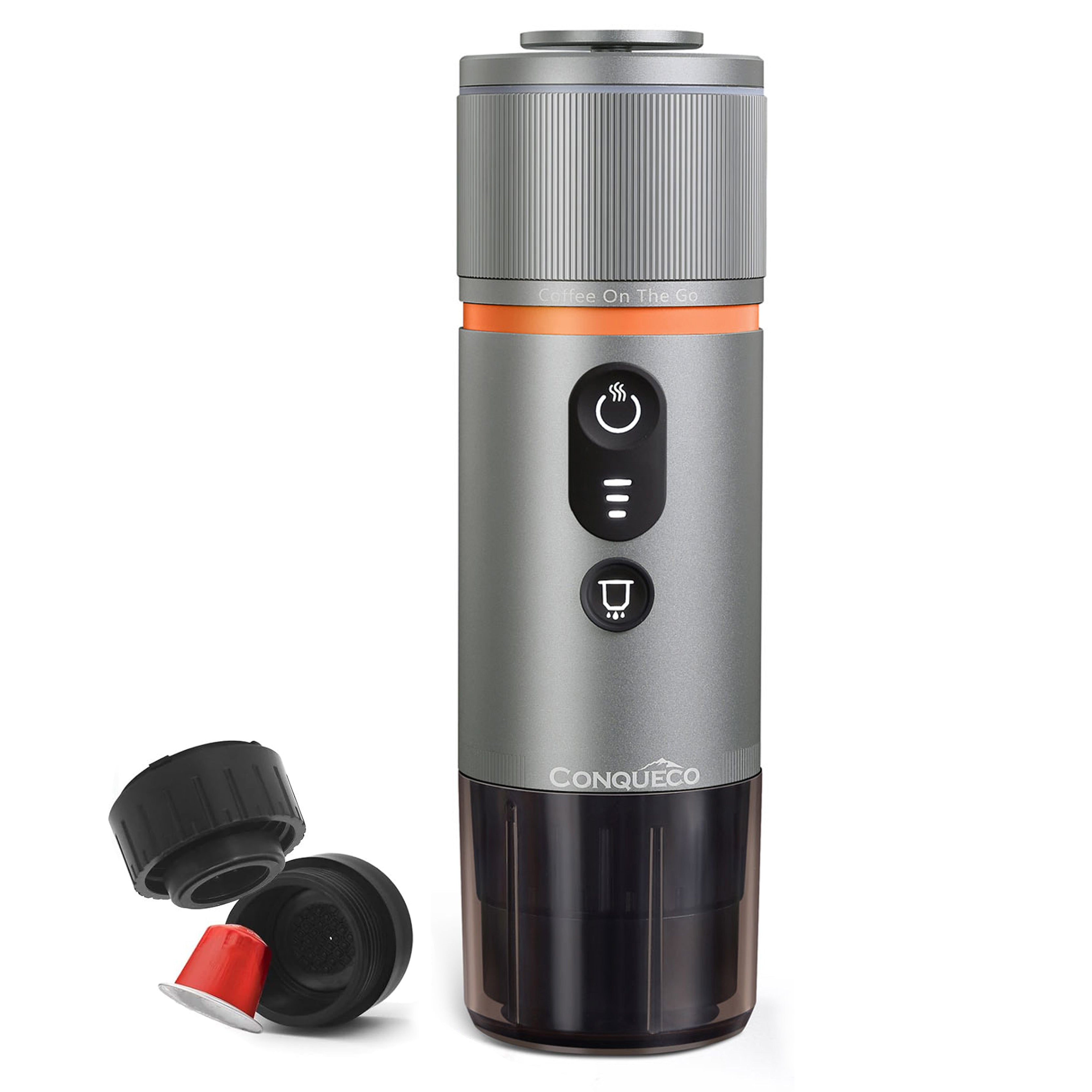 CONQUECO Espressomaschine 12V Silber mit Espresso und Kaffeepulver, perfekt für Auto und Camping